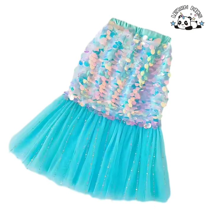 LEZONKIDS - 2024 New Fahion Custom Cute Little Mermaids Sparkle Sequined Girls Skirts for 2-14 Years Old